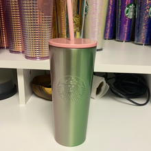 將圖片載入圖庫檢視器 Starbucks 2020 Holiday Starbucks Stainless Steel Tumbler 16oz Green Gold Pink Pearl Fade with Straw
